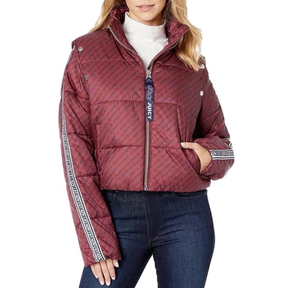 Juicy Couture Snap Off Sleeve Puffer Jacket Coat & Vest Womens Medium Burgundy